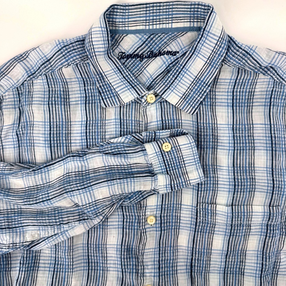 Tommy Bahama Button‎ Down Shirt Mens Large Blue White Plaid Linen Long Sleeve